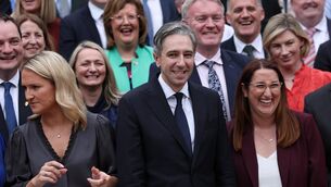 <p>Tánaiste Simon Harris with fellow members of Fine Gael's parliamentary party during their think-in at Amber Springs Hotel, Gorey, Co Wexford. Picture: Clodagh Kilcoyne/PA</p>