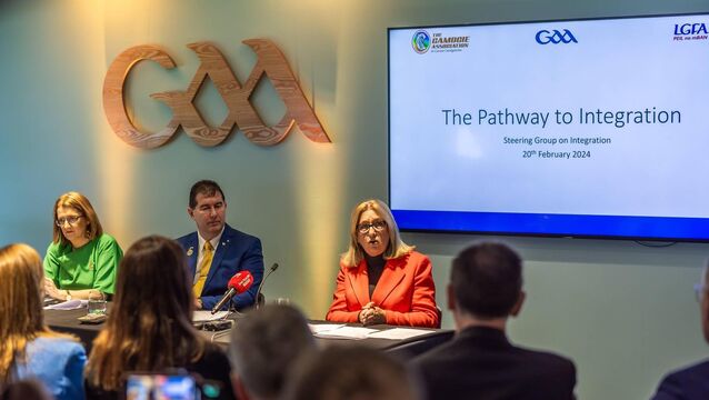 <p>PASSING ON THE BATON: Camogie Association President, Hilda Breslin, Mícheál Naughton, LGFA President and now former Chairperson of the Steering Group on Integration, Mary McAleese. Pic: ©INPHO/Morgan Treacy</p>