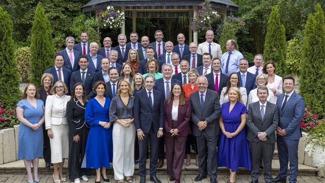 <p>'The Fine Gael faithful gathered in the Amber Springs Hotel in Gorey from 5pm on Thursday, standing dutifully around Tánaiste Simon Harris during his press conference.'</p>