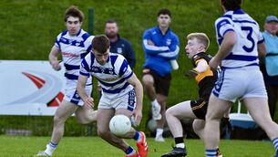 <p>Jack O’Sullivan defends for Inniscarra against Glenville. Pic: Larry Cummins</p>