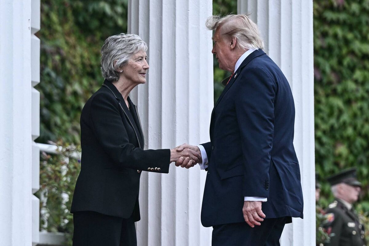 US president Donald Trump is welcomed by President Catherine Connolly at Áras an Uachtaráin in Phoenix Park in Dublin on September 12, 2026. (Photo by Brendan SMIALOWSKI / AFP via Getty Images)