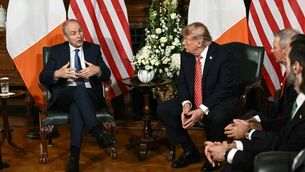 <p>US President Donald Trump meets with Taosieach Micheál Martin at Farmleigh House in Phoenix Park. (Photo by Brendan SMIALOWSKI / AFP via Getty Images)</p>