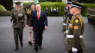 <p>US president Donald Trump views the guard of honour outside Aras an Uachtarain, ahead of his meeting with President Catherine Connolly. Picture: James Manning/PA Wire</p> <p>US president Donald Trump views the guard of honour outside Aras an Uachtarain, ahead of his meeting with President Catherine Connolly. Picture: James Manning/PA Wire</p>