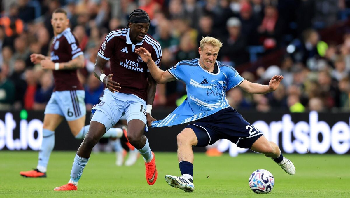 Aston Villa's Tammy Abraham and Nottingham Forest's Xaver Schlager battle for the ball. Pic: Nigel French/PA Wire.