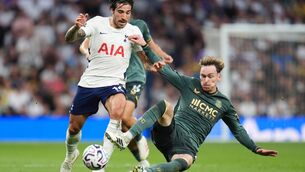 <p>PRESSURE: Everton's James Garner tackles Tottenham's Sandro Tonali during their scoreless Premier League match at the Tottenham Hotspur Stadium. Pic: Adam Davy/PA Wire.</p>