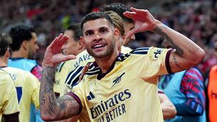 <p>Arsenal's Bruno Guimaraes celebrates scoring his side's first goal. Pic: Owen Humphreys/PA Wire.</p>