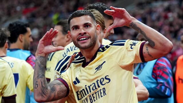 <p>Arsenal's Bruno Guimaraes celebrates scoring his side's first goal. Pic: Owen Humphreys/PA Wire.</p>