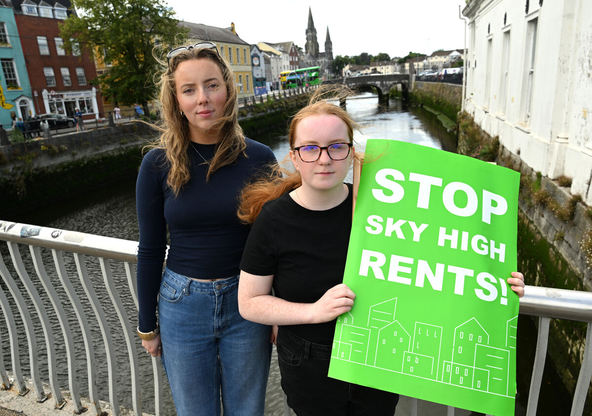 UCC Students' Union welfare officer Caoimhe Brinkley and president Eleanor McCahill during a rally last month at Grand Parade, Cork City. Ms Brinkley says students are prone to being caught out by scams amid the accommodation shortage. Picture: Larry Cummins