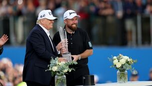 <p>Donald Trump presents Shane Lowry with the trophy after the Offaly man claimed his second Irish Open. Picture: Damien Eagers/PA Wire.</p> <p>Donald Trump presents Shane Lowry with the trophy after the Offaly man claimed his second Irish Open. Picture: Damien Eagers/PA Wire.</p>