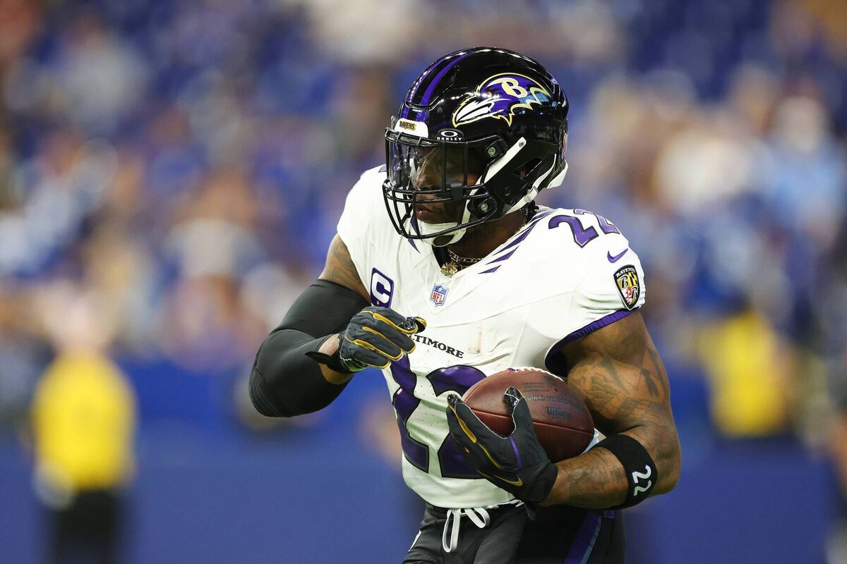 Derrick Henry of the Baltimore Ravens warms up prior to the game against the Indianapolis Colts at Lucas Oil Stadium on September 13, 2026 in Indianapolis, Indiana. (Photo by Andy Lyons/Getty Images)