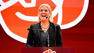 Social Democrats party leader Magdalena Andersson speaks during the Social Democrats’ election night watch party (Jonas Ekstromer/AP)
