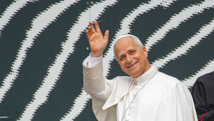 Pope Leo XIV waves as he arrives at the Vatican Library on the day of his 71st birthday (Andrew Medichini/AP)