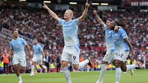 <p>DECISIVE MOMENT: Erling Haaland celebrates after scoring Manchester City's winning goal against Manchester United at Old Trafford on Sunday but the goal shouldn't have stood. Pic: PA</p> <p>DECISIVE MOMENT: Erling Haaland celebrates after scoring Manchester City's winning goal against Manchester United at Old Trafford on Sunday but the goal shouldn't have stood. Pic: PA</p>