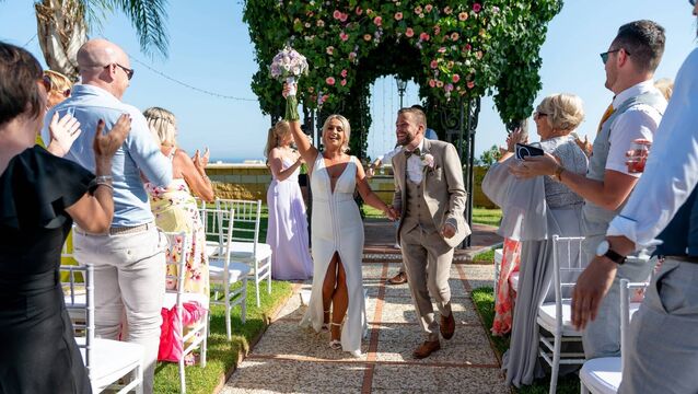 <p>Actor George McMahon and his wife Rachel Smyth on their wedding day in Spain. Picture: Dougie Farrelly.</p>