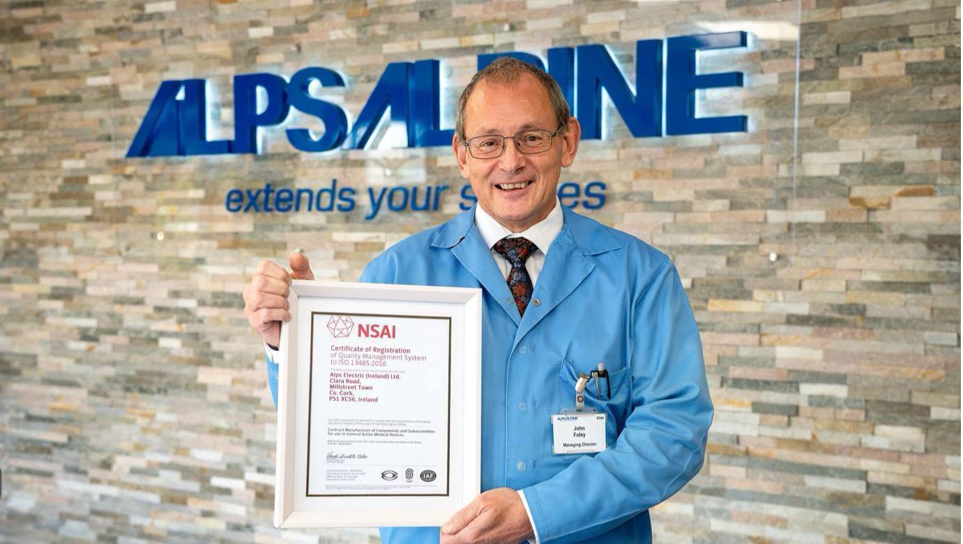John Foley of Alps Electric EMS in Millstreet with their ISO 13485 award. 