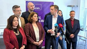 <p>Social Democrats deputy leader Cian O'Callaghan (centre) speaking to the media at its parliamentary party think-in in Dublin, with (left to right) Jen Cummins, Pádraig Rice, Daniel Ennis, Jennifer Whitmore, Gary Gannon, Sinéad Gibney and Rory Hearne. O’Callaghan was left cleaning up the mess as the party continues to hide Hayes. Picture: Cillian Sherlock/PA</p> <p>Social Democrats deputy leader Cian O'Callaghan (centre) speaking to the media at its parliamentary party think-in in Dublin, with (left to right) Jen Cummins, Pádraig Rice, Daniel Ennis, Jennifer Whitmore, Gary Gannon, Sinéad Gibney and Rory Hearne. O’Callaghan was left cleaning up the mess as the party continues to hide Hayes. Picture: Cillian Sherlock/PA</p>