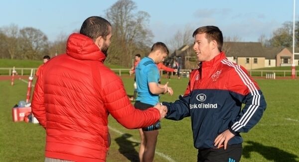 Andy Farrell exchanges a handshake with Jonny Holland. Picture: Diarmuid Greene/SPORTSFILE