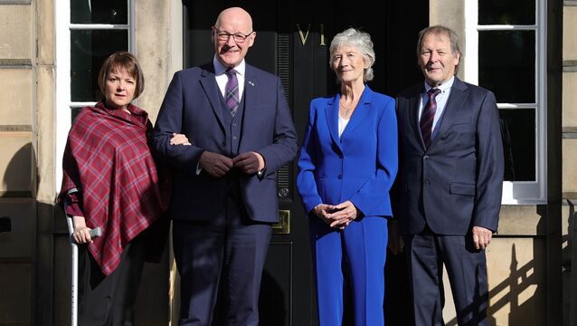 <p>President Catherine Connolly, with her husband Brian McEnery (right), is welcomed by Scottish first minister John Swinney, with his wife Elizabeth Quigley (left), to Bute House in Edinburgh. Picture: Steve Welsh/PA</p>