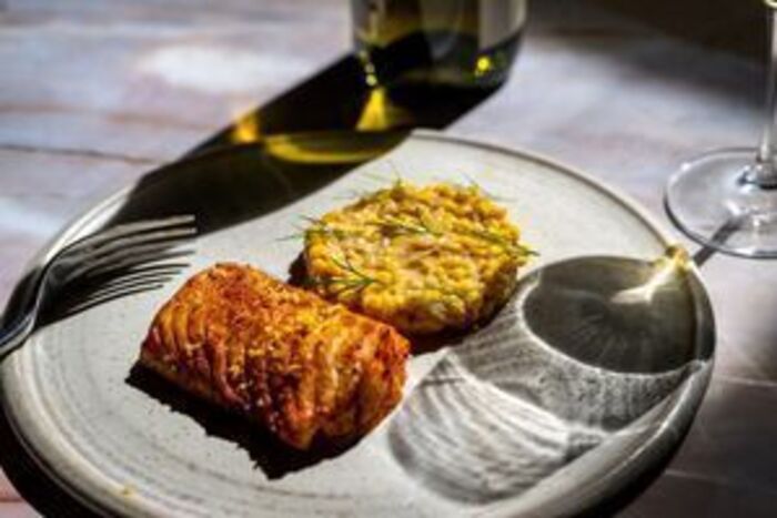 Paprika-baked cod with miso creamed corn