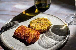 Paprika-baked cod with miso creamed corn
