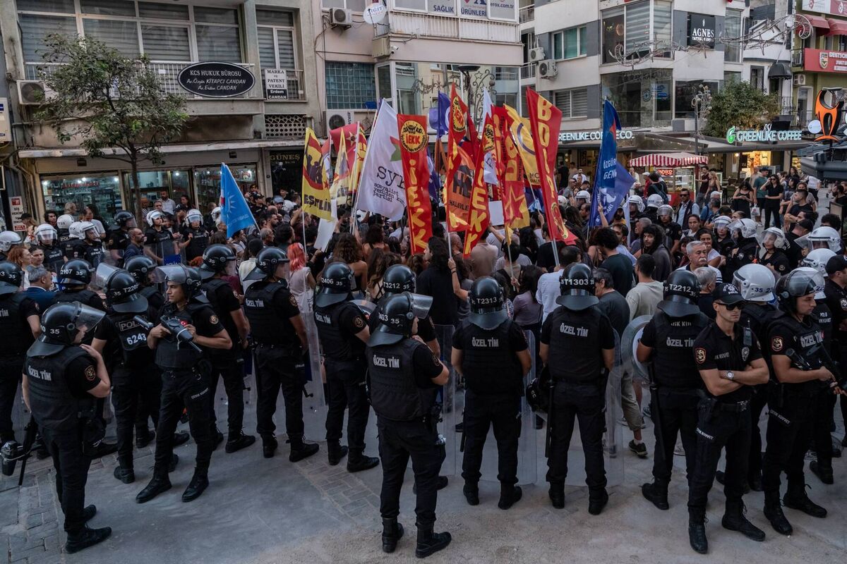 Turkish anti riot police officers surround protesters during a demonstration against the arrests of LGBT+ activists in Izmir, on September 14, 2026. Picture: Murat Kocabas / AFP via Getty Images