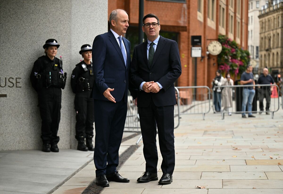 British prime minister Andy Burnham greets Taoiseach Micheál Martin to No 10 North, Manchester, ahead of a meeting. Picture: Oli Scarff/PA Wire British prime minister Andy Burnham greets Taoiseach Micheál Martin to No 10 North, Manchester, ahead of a meeting. Picture: Oli Scarff/PA Wire