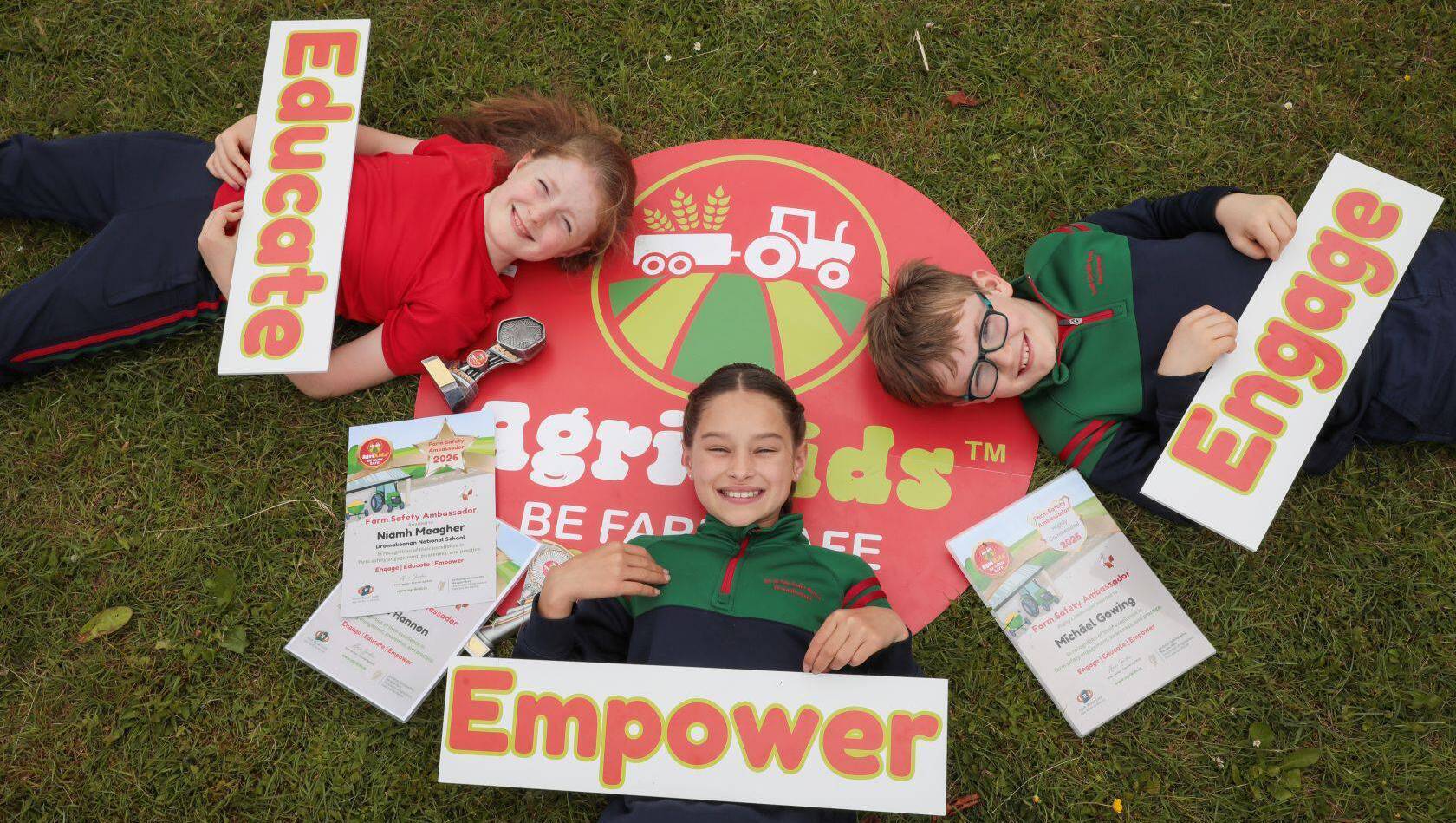 Niamh Meagher, Arya Hannan and Michael Gowing, Dromakeenan NS, Tipperary, AgriKids Farm Safety Ambassadors 2025 and 2026.