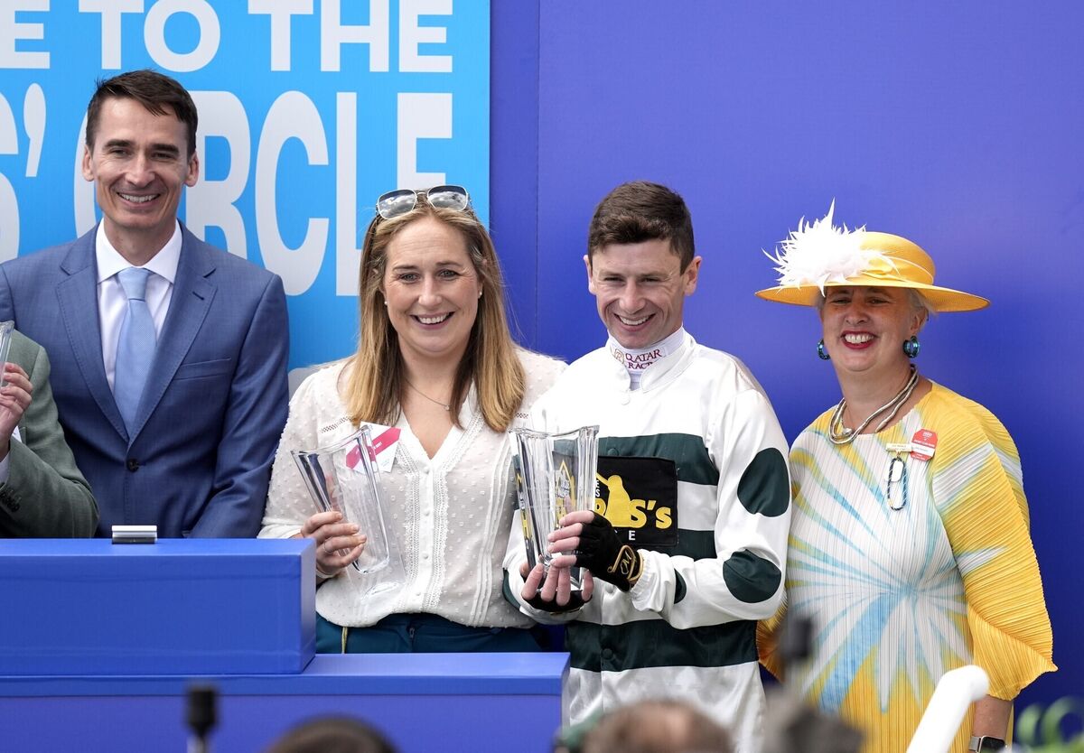 Trainer Katie Scott (second left) and Murphy are presented with a trophy after winning the Win With Zyn 3YO "Dash" Handicap with Naana's Shadow. Pic: Andrew Matthews/PA Wire. Trainer Katie Scott (second left) and Murphy are presented with a trophy after winning the Win With Zyn 3YO "Dash" Handicap with Naana's Shadow. Pic: Andrew Matthews/PA Wire.