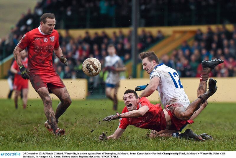 LOCAL PRIDE: St Stephen's Day 2015 and the battle for the Jack Murphy Cup (South Kerry SFC) between rivals St Mary's and Waterville. Here Fionán Clifford of Waterville gets the ball away under pressure from Paul O'Donoghue of St Mary's. Pic: Stephen McCarthy/Sportsfile LOCAL PRIDE: St Stephen's Day 2015 and the battle for the Jack Murphy Cup (South Kerry SFC) between rivals St Mary's and Waterville. Here Fionán Clifford of Waterville gets the ball away under pressure from Paul O'Donoghue of St Mary's. Pic: Stephen McCarthy/Sportsfile