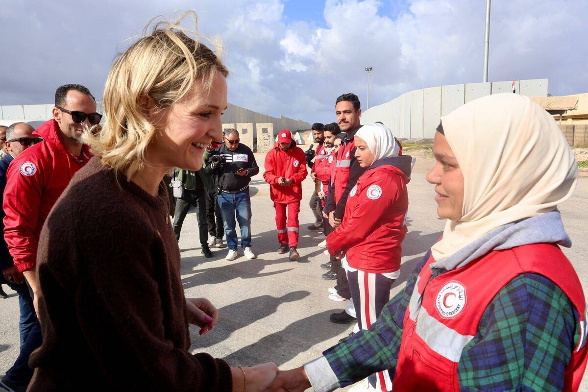 Foreign affairs minister Helen McEntee meeting Egyptian Red Crescent workers near the Rafah border in January. Ms McEntee said she was 'appalled' that Israel had banned a long list of items including wheelchairs from entering Gaza. Foreign affairs minister Helen McEntee meeting Egyptian Red Crescent workers near the Rafah border in January. Ms McEntee said she was 'appalled' that Israel had banned a long list of items including wheelchairs from entering Gaza.