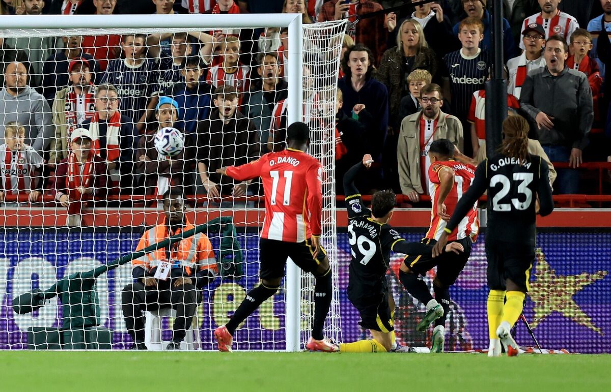 Brentford's Fabio Carvalho (second right) scores his sides third goal. Pic: Nigel French/PA Brentford's Fabio Carvalho (second right) scores his sides third goal. Pic: Nigel French/PA