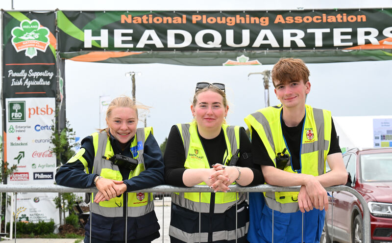 Security staff Julie Rawson, Ellie Guidera, and Andrew Weafer at the National Ploughing Championships 2026 at Screggan, Co Offaly. Picture: Larry Cummins