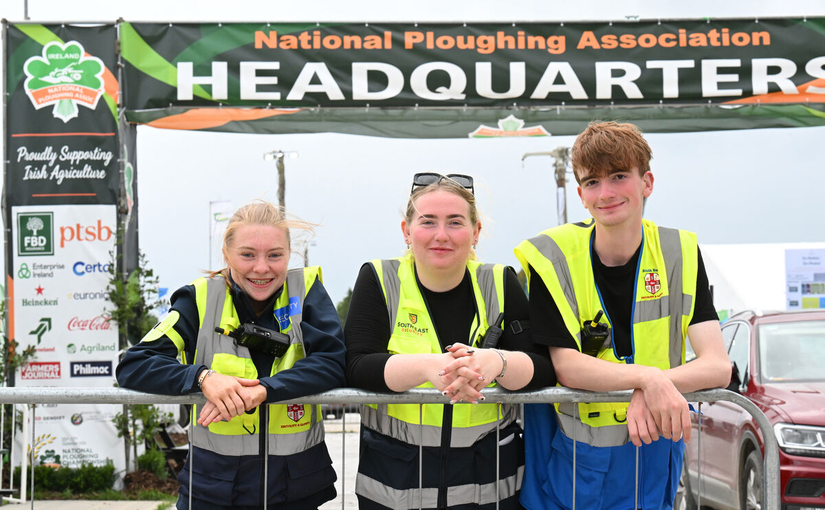 Security staff Julie Rawson, Ellie Guidera, and Andrew Weafer at the National Ploughing Championships 2026 at Screggan, Co Offaly. Picture: Larry Cummins Security staff Julie Rawson, Ellie Guidera, and Andrew Weafer at the National Ploughing Championships 2026 at Screggan, Co Offaly. Picture: Larry Cummins