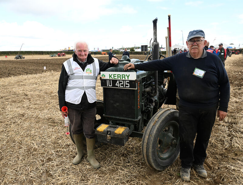 Supervisor Philip Cotter with four-time All-Ireland vintage winner Aeneas Horan from Castleisland Co Kerry with his 1944 Fordson Model N tractor at the 2026 National Ploughing Championships. Picture: Larry Cummins