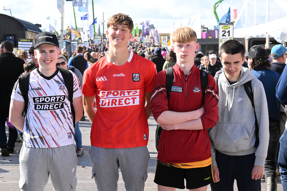 Coláiste Choilm Ballincollig TY students Cillian O'Callaghan, Conor O'Sullivan, Eoghan O'Sullivan, and Diarmuid Hennessy at the Ploughing this week. Picture: Larry Cummins Coláiste Choilm Ballincollig TY students Cillian O'Callaghan, Conor O'Sullivan, Eoghan O'Sullivan, and Diarmuid Hennessy at the Ploughing this week. Picture: Larry Cummins