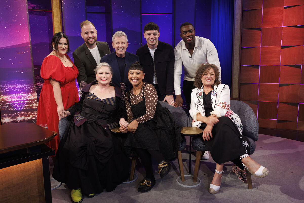 Patrick Kielty, with Edelle McDaid, Páraic Kerrigan, Siobhán McSweeney,, Janet Tukuz, Donal Casey, Sam Omukoro and Fionula Lineham pictured on the Late Late Show. Picture Andres Poveda