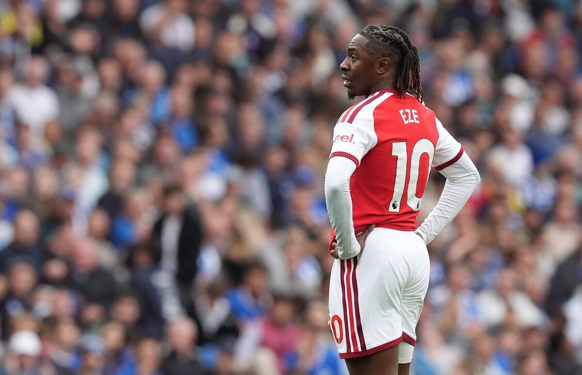 Arsenal's Eberechi Eze stands dejected during the Premier League match at Vitality Stadium, Brighton. Picture: Gareth Fuller/PA Wire. 