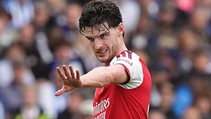 <p>Arsenal's Declan Rice during the Premier League match at the Amex. Pic: Gareth Fuller/PA</p>