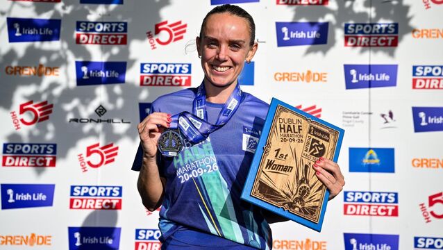 <p>Women's winner Meghan Ryan from Dublin after the 2026 Irish Life Dublin Half Marathon, which took place on Sunday 20th September in Phoenix Park, marking the final event of the 2026 Irish Life Dublin Race Series. Photo by Sam Barnes/Sportsfile</p>