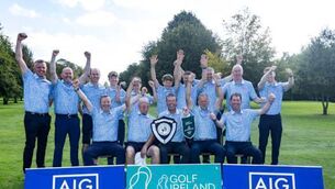 <p>Galway Bay celebrate winning their first AIG Men’s Jimmy Bruen Shield at Thurles Golf Club Photo: Dan Clohessy</p> <p>Galway Bay celebrate winning their first AIG Men’s Jimmy Bruen Shield at Thurles Golf Club Photo: Dan Clohessy</p>
