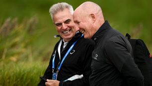 <p>Former Dublin football player and manager Jim Gavin, left, and Irish professional golfer Paul McGinley during day three of the Amgen Irish Open Golf Championship 2026 at Trump International Golf Links in Doonbeg, Clare. Photo by Ramsey Cardy/Sportsfile</p>