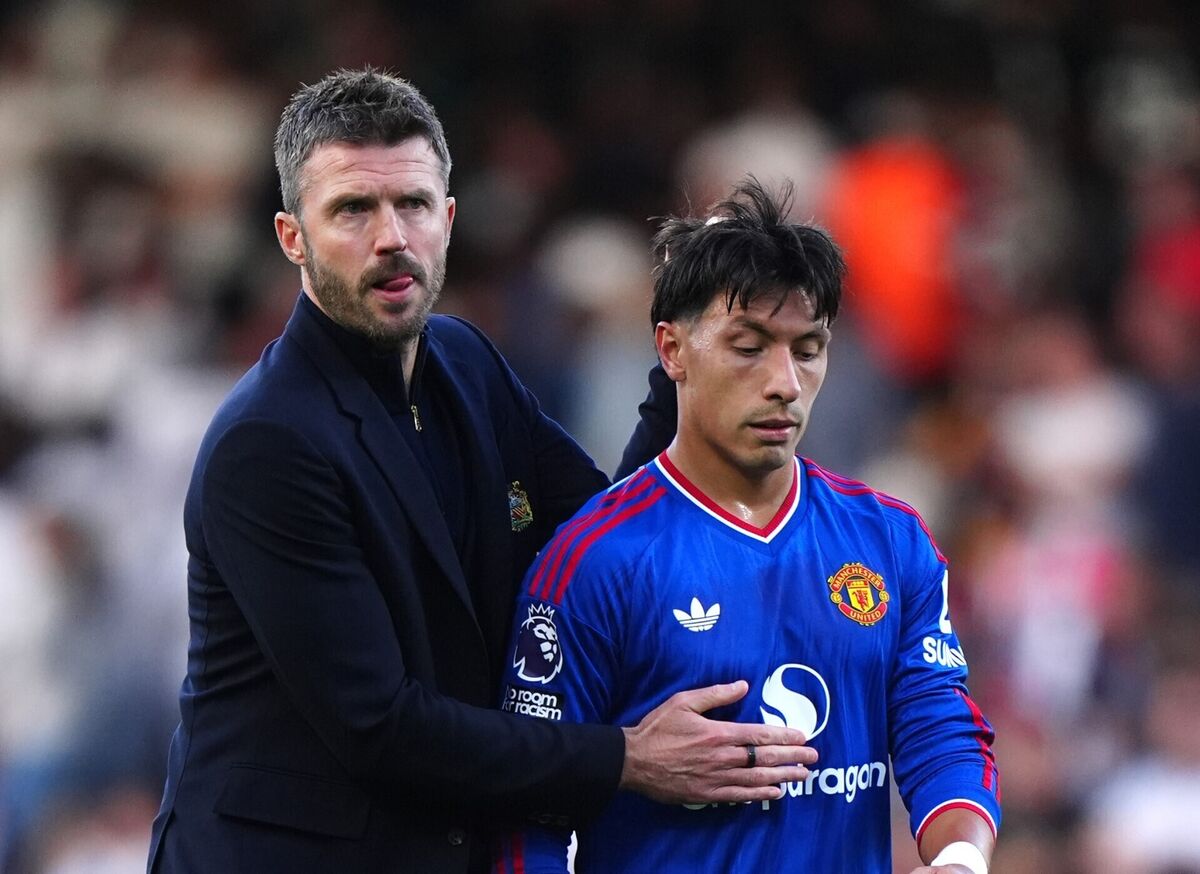 Manchester United manager Michael Carrick consoles Lisandro Martinez who converted into his own net in the second half. Pic: Bradley Collyer/PA Manchester United manager Michael Carrick consoles Lisandro Martinez who converted into his own net in the second half. Pic: Bradley Collyer/PA