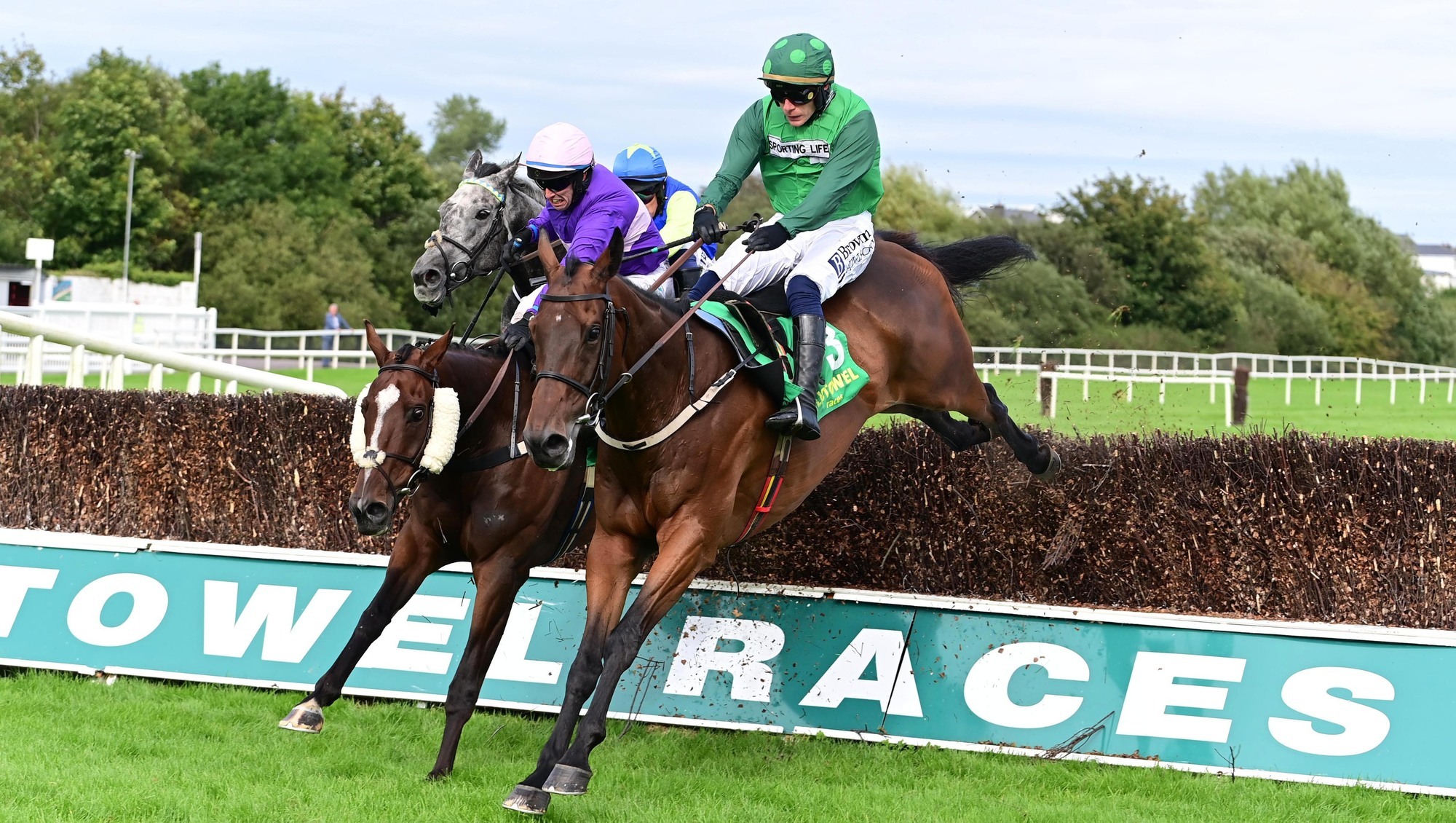 UP AND OVER: Ocastle Des Mottes and Paul Townend jump the last to win the Kinisla Kerrymaid Rated Novice Chase at Listowel on Sunday.	 Picture: Healy Racing