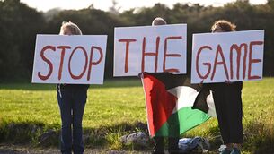 <p>STOP THE GAME protesters outside the ground, calling for Republic of Ireland's upcoming matches against Israel to be stopped, before the SSE Airtricity Men’s Premier Division match between Galway United and Shelbourne at Eamonn Deacy Park in Galway. Photo by Piaras Ó Mídheach/Sportsfile</p>