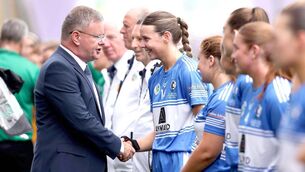 <p>President of the Camogie Association Brian Molloy greets Laois captain Aimée Collier ahead of the All-Ireland final Photo: ©INPHO/Tom Maher</p> <p>President of the Camogie Association Brian Molloy greets Laois captain Aimée Collier ahead of the All-Ireland final Photo: ©INPHO/Tom Maher</p>