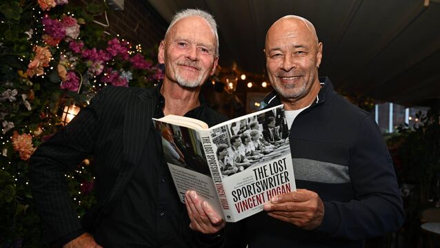 <p>OOH-AHH: Sportswriter Vincent Hogan with Ireland legend, Paul McGrath, at the launch of The Lost Sportswriter at The Iveagh Garden Hotel in Harcourt Street, Dublin. Pic: Seb Daly/Sportsfile</p>