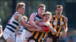 <p>Oliver Greeves of the Hawks is tackled by Kerryman Cillian Burke of the Cats during the 2026 VFL Grand Final. Pic: Craig Dooley/AFL Photos via Getty Images</p> <p>Oliver Greeves of the Hawks is tackled by Kerryman Cillian Burke of the Cats during the 2026 VFL Grand Final. Pic: Craig Dooley/AFL Photos via Getty Images</p>
