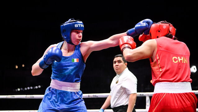 <p>MEDAL ALERT: Aoife O'Rourke, left, in action against Lina Wang of China in their Women's 75kg semi-final bout of the World Boxing Championships 2025 at M&amp;S Bank Arena in Liverpool. Pic: Ben McShane/Sportsfile</p>