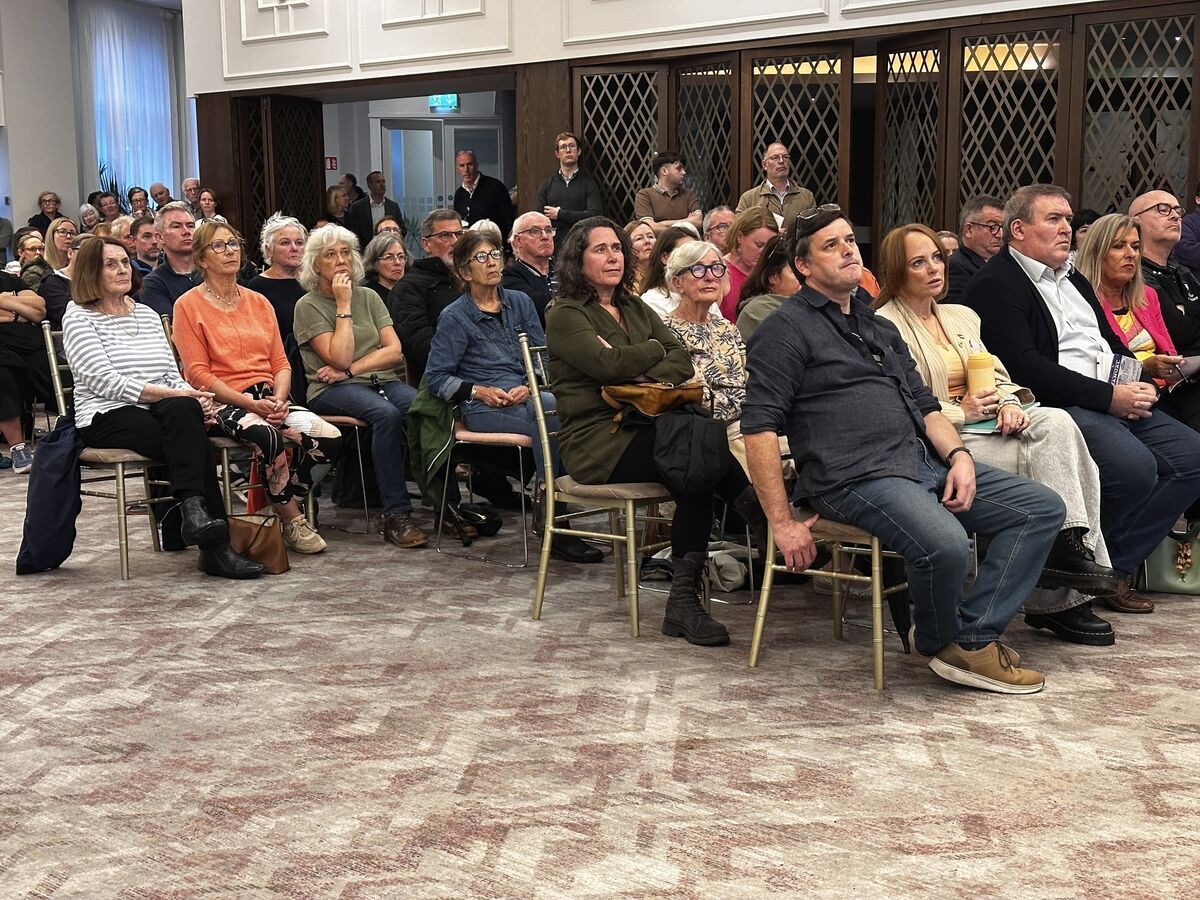 Around 500 people at a meeting earlier this month in Naas, Co Kildare, to protest the building of data centres near the town. Photo: Eamonn Farrell/© RollingNews.ie