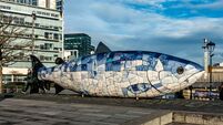 A ceramic sculpture by John Kindness, The Big Fish on Donegall Quay, Belfast Northern Ireland.